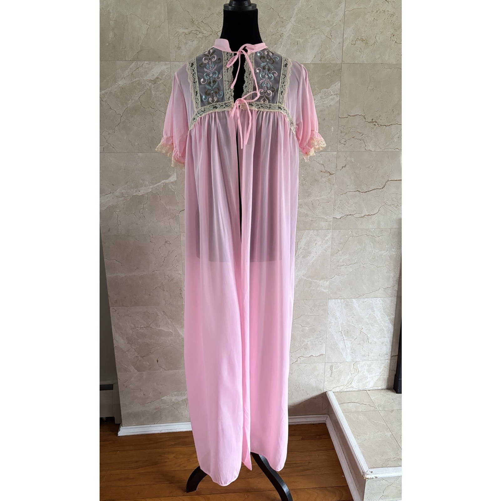 Vtg 60s Shadowline Peignoir Robe Large Pink Nylon Sheer Dramatic Coquette Usa